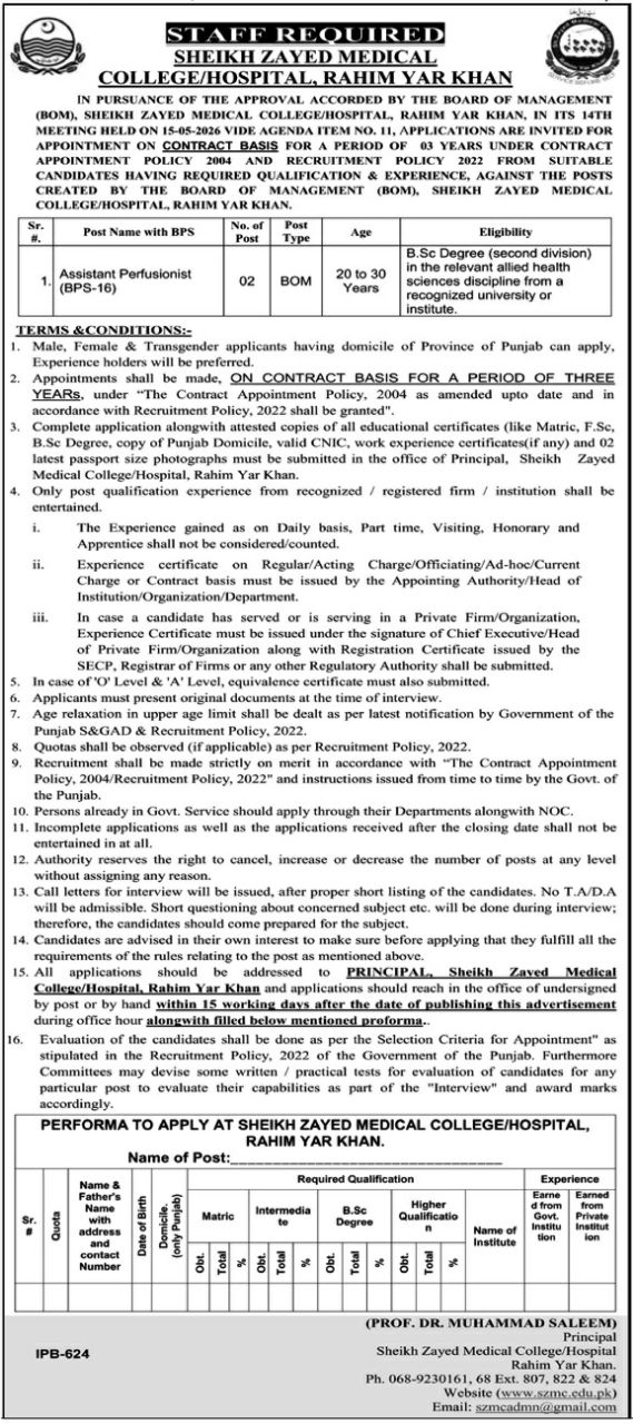 Sheikh Zayed Medical College/Hospital, Rahim Yar Khan Jobs Jobs 2026 — original newspaper advertisement