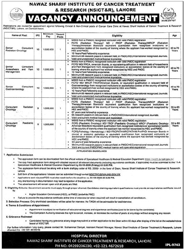 Nawaz Sharif Institute of Cancer Treatment & Research (NSICT&R), Lahore Jobs Jobs 2026 — original newspaper advertisement