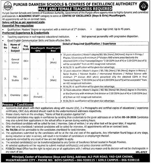 Punjab Daanish Schools and Centres of Excellence Authority Jobs Jobs 2026 — original newspaper advertisement
