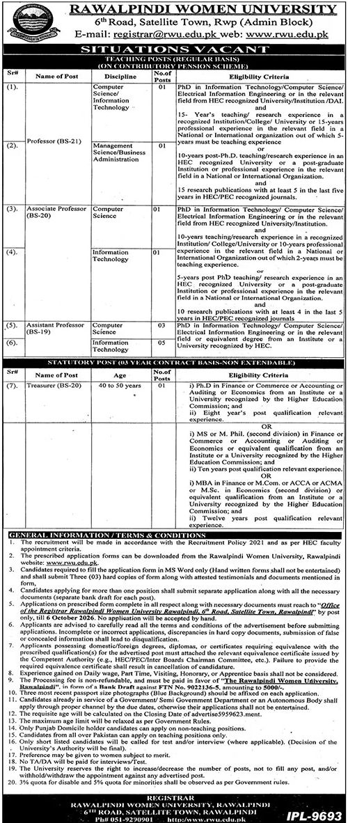 Rawalpindi Women University Jobs Jobs 2026 — original newspaper advertisement