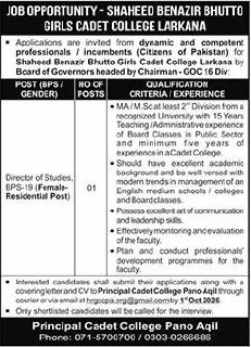 Shaheed Benazir Bhutto Girls Cadet College Larkana Jobs – Shaheed Benazir Bhutto Girls Cadet College Larkana (Board of Governors headed by Chairman - GOC 31 Div) Jobs 2026 — original newspaper advertisement