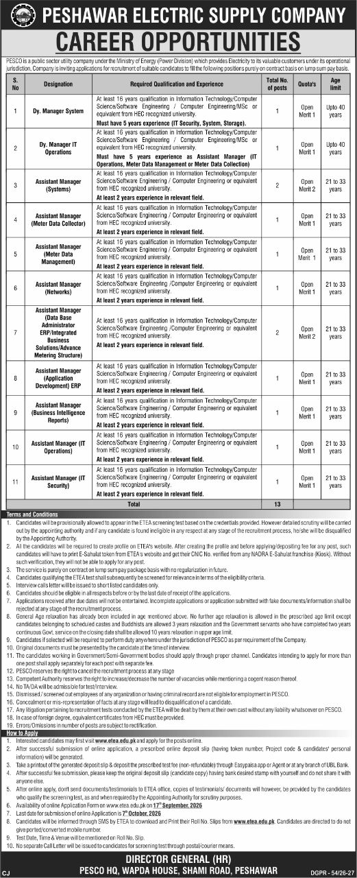 Peshawar Electric Supply Company (PESCO) Jobs Jobs 2026 — original newspaper advertisement