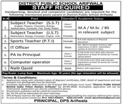 District Public School Arifwala Jobs 2026 Jobs 2026 — original newspaper advertisement