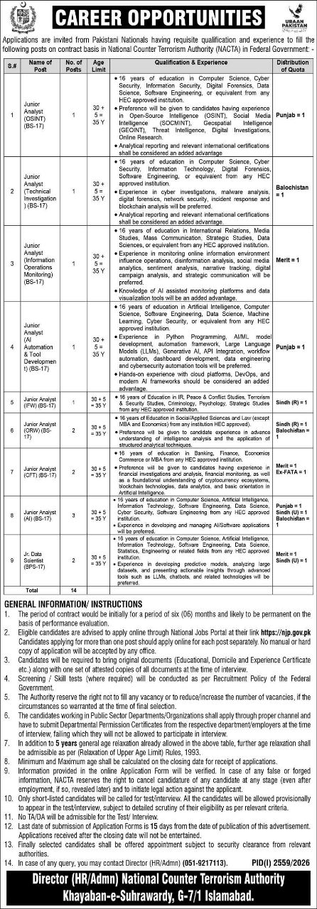 National Counter Terrorism Authority (NACTA) Jobs Jobs 2026 — original newspaper advertisement