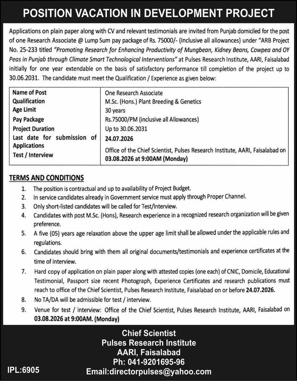 Pulses Research Institute, AARI, Faisalabad Jobs Jobs 2026 — original newspaper advertisement