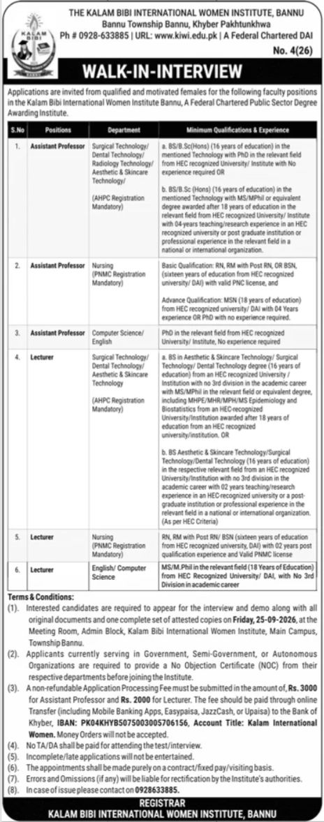 The Kalam Bibi International Women Institute, Bannu Jobs 2026 Jobs 2026 — original newspaper advertisement