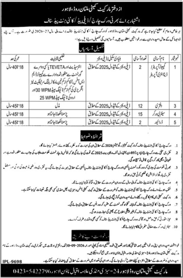 Market Committee Multan Punjab Jobs 2026 – Market Committee, Multan Road, Lahore Jobs 2026 — original newspaper advertisement