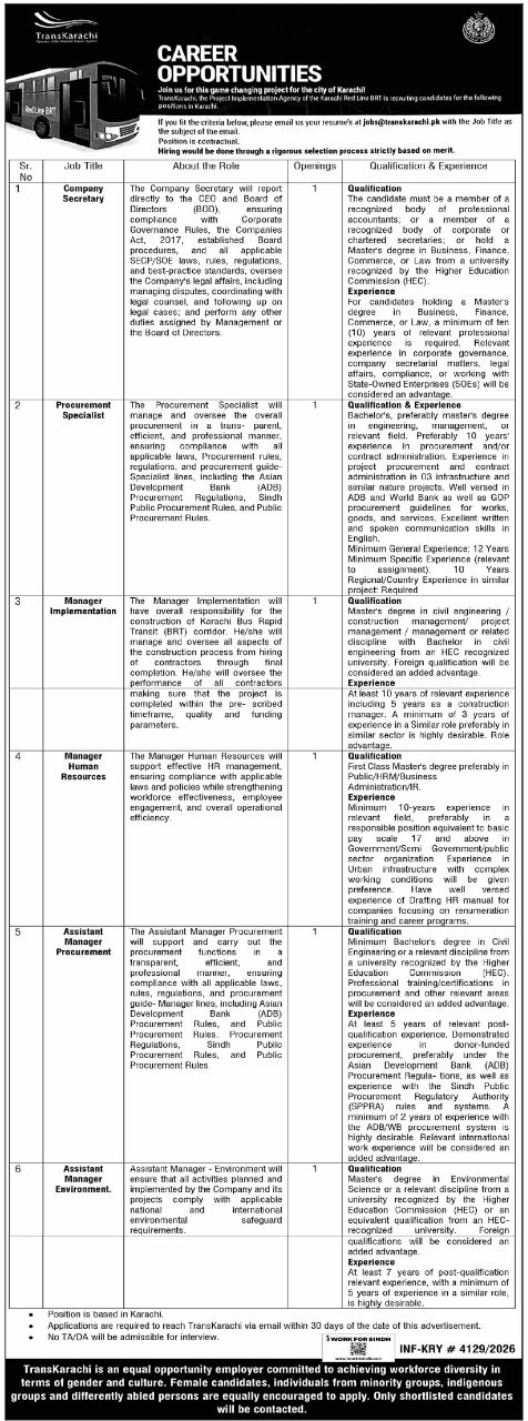 TransKarachi (Karachi Jobs 2026 – TransKarachi (Karachi Red Line BRT Project Implementation Agency) Jobs 2026 — original newspaper advertisement