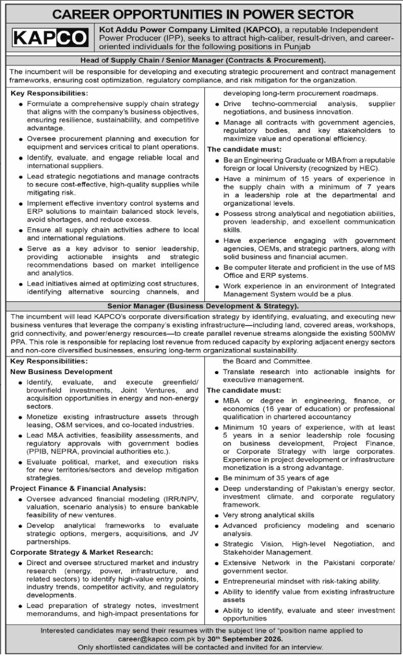 Kot Addu Power Company Limited (KAPCO) Jobs Jobs 2026 — original newspaper advertisement