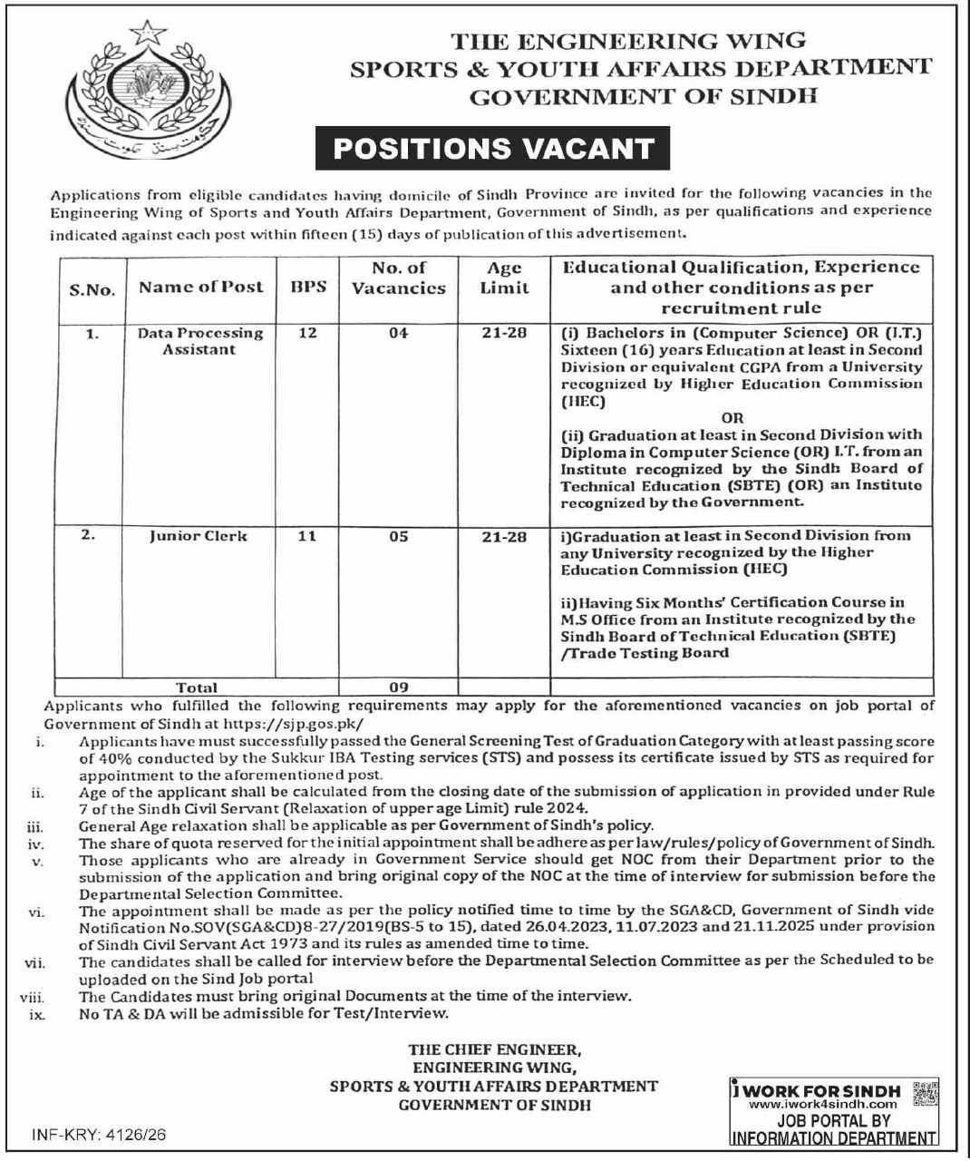 Sports & Youth Affairs Department Sindh Jobs – The Engineering Wing, Sports & Youth Affairs Department, Government of Sindh Jobs 2026 — original newspaper advertisement