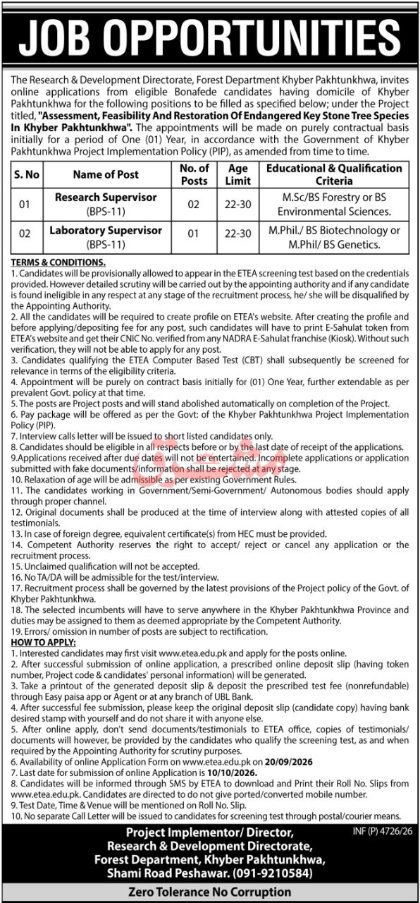 Research & Development Directorate, Forest Department, Khyber Pakhtunkhwa Jobs Jobs 2026 — original newspaper advertisement