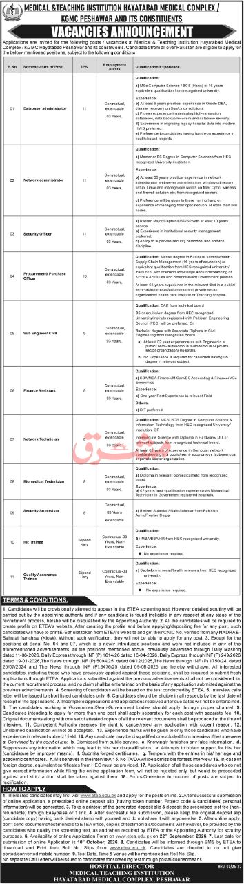 Medical & Teaching Institution Hayatabad Medical Complex / KGMC Peshawar Jobs 2026 – Medical & Teaching Institution Hayatabad Medical Complex / KGMC Peshawar and its Constituents Jobs 2026 — original newspaper advertisement