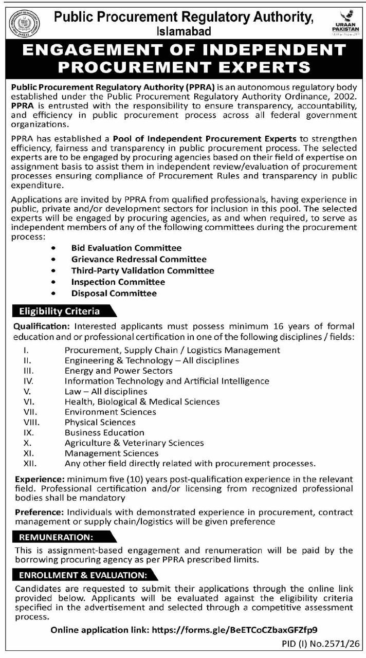 Public Procurement Regulatory Authority (PPRA), Islamabad Jobs 2026 Jobs 2026 — original newspaper advertisement