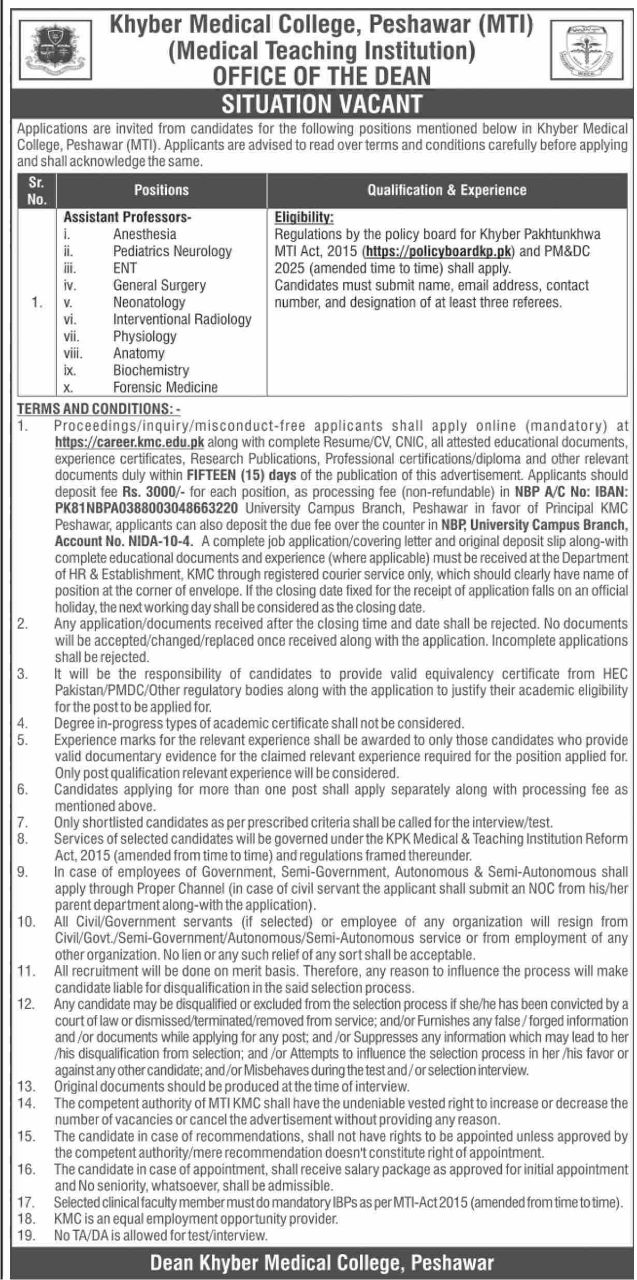 Khyber Medical College, Peshawar (MTI) Jobs 2026 – Khyber Medical College, Peshawar (MTI) - Office of the Dean Jobs 2026 — original newspaper advertisement