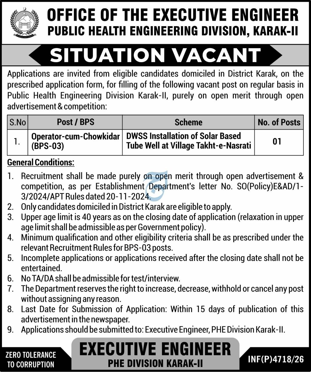 Office of the Executive Engineer, Public Health Engineering Division, Karak-II Jobs Jobs 2026 — original newspaper advertisement