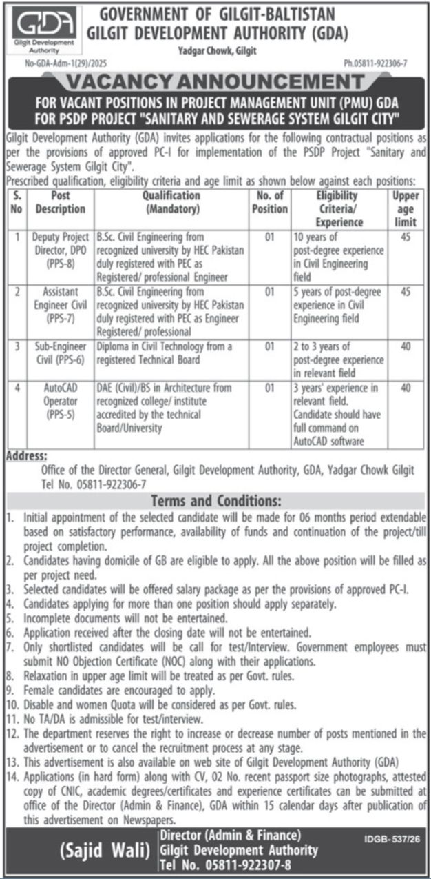 Gilgit Development Authority (GDA) Jobs – Government of Gilgit-Baltistan, Gilgit Development Authority (GDA) Jobs 2026 — original newspaper advertisement