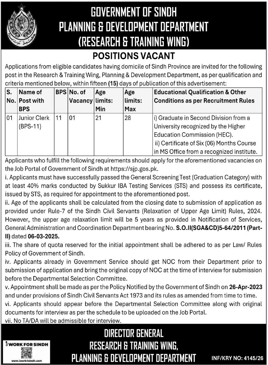 Planning & Development Department (Research & Training Wing) Jobs – Government of Sindh, Planning & Development Department (Research & Training Wing) Jobs 2026 — original newspaper advertisement
