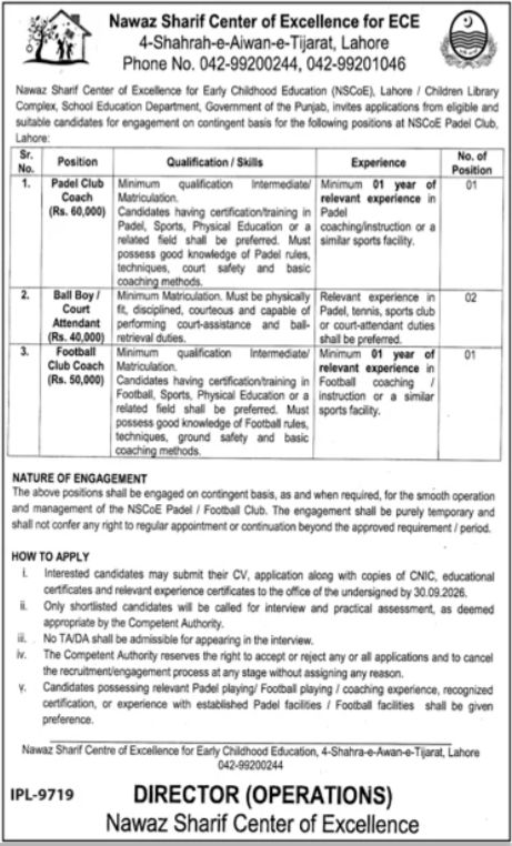 Nawaz Sharif Center of Excellence for Early Childhood Education (NSCoE Jobs – Nawaz Sharif Center of Excellence for Early Childhood Education (NSCoE), Children Library Complex, School Education Department, Government of the Punjab Jobs 2026 — original newspaper advertisement