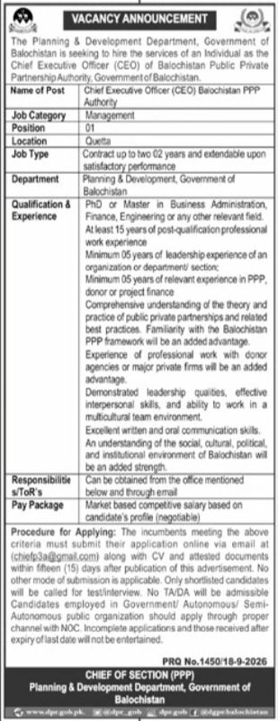 Planning & Development Department Jobs 2026 – Planning & Development Department, Government of Balochistan Jobs 2026 — original newspaper advertisement