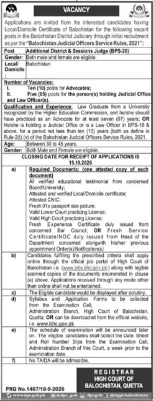 High Court of Balochistan, Quetta (Balochistan District Judiciary) Jobs Jobs 2026 — original newspaper advertisement