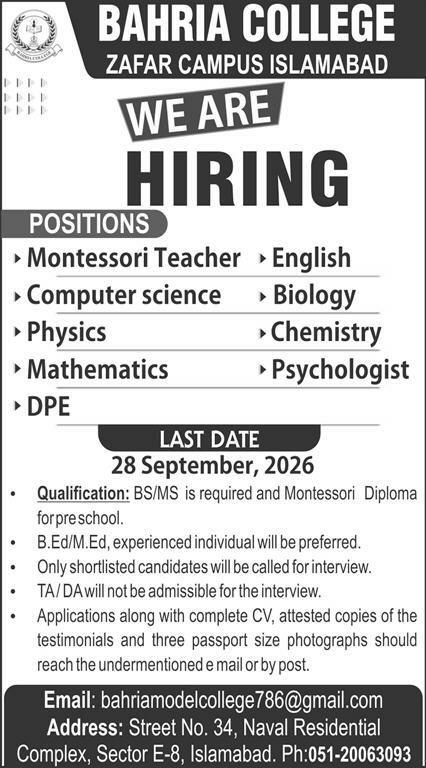 Bahria College, Zafar Campus Islamabad Jobs Jobs 2026 — original newspaper advertisement