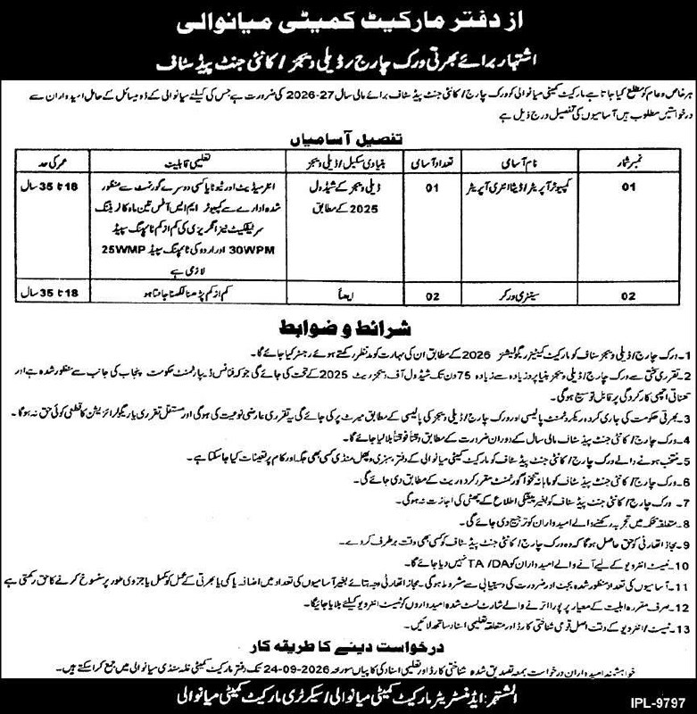 Office of Market Committee Mianwali Jobs Jobs 2026 — original newspaper advertisement