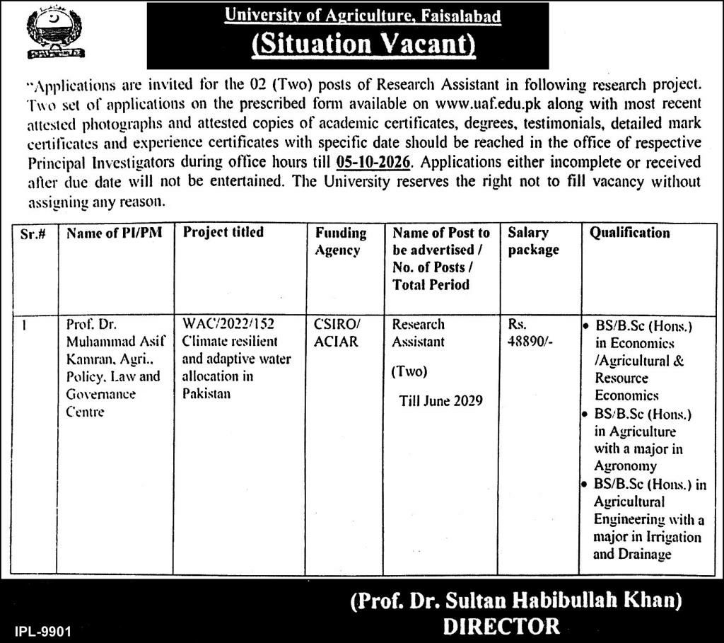 University of Agriculture, Faisalabad Jobs Jobs 2026 — original newspaper advertisement