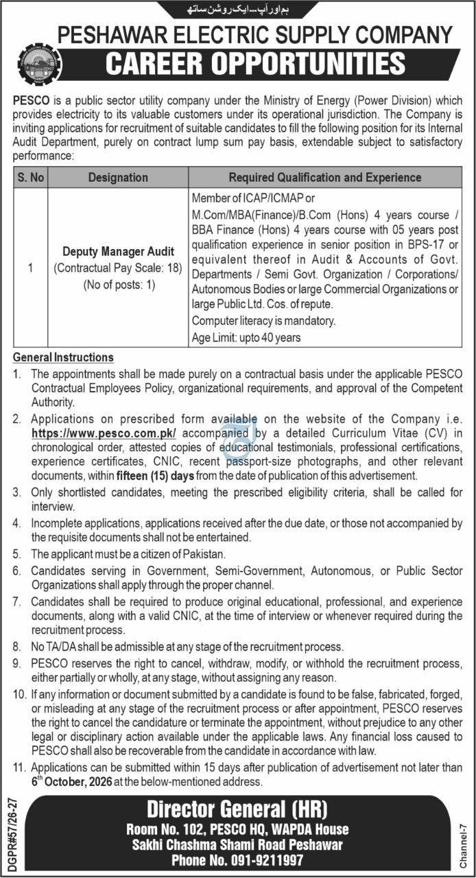 Peshawar Electric Supply Company (PESCO) Jobs 2026 Jobs 2026 — original newspaper advertisement