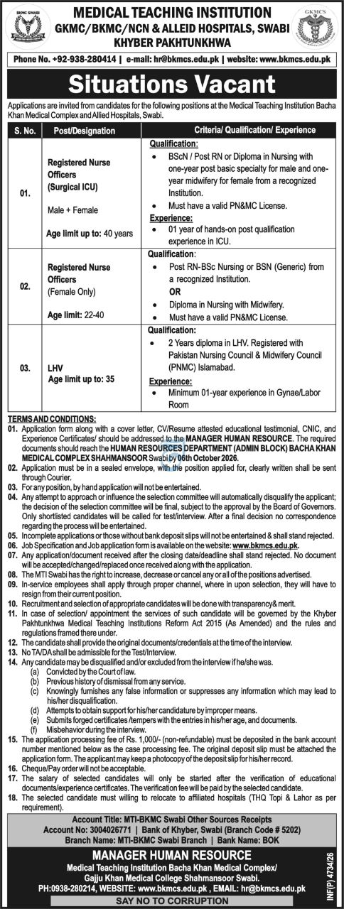 Medical Teaching Institution GKMC/BKMC/NCN & Allied Hospitals, Swabi, Khyber Pakhtunkhwa Jobs Jobs 2026 — original newspaper advertisement