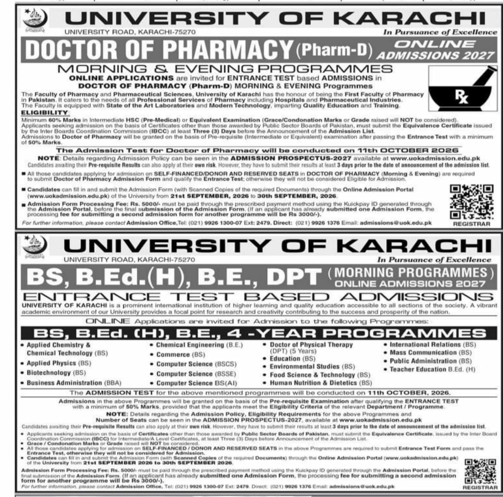 Doctor of Pharmacy (Pharm-D) Online Admissions 2027 - Morning & Evening Programmes – University of Karachi Admissions 2026 — original newspaper advertisement