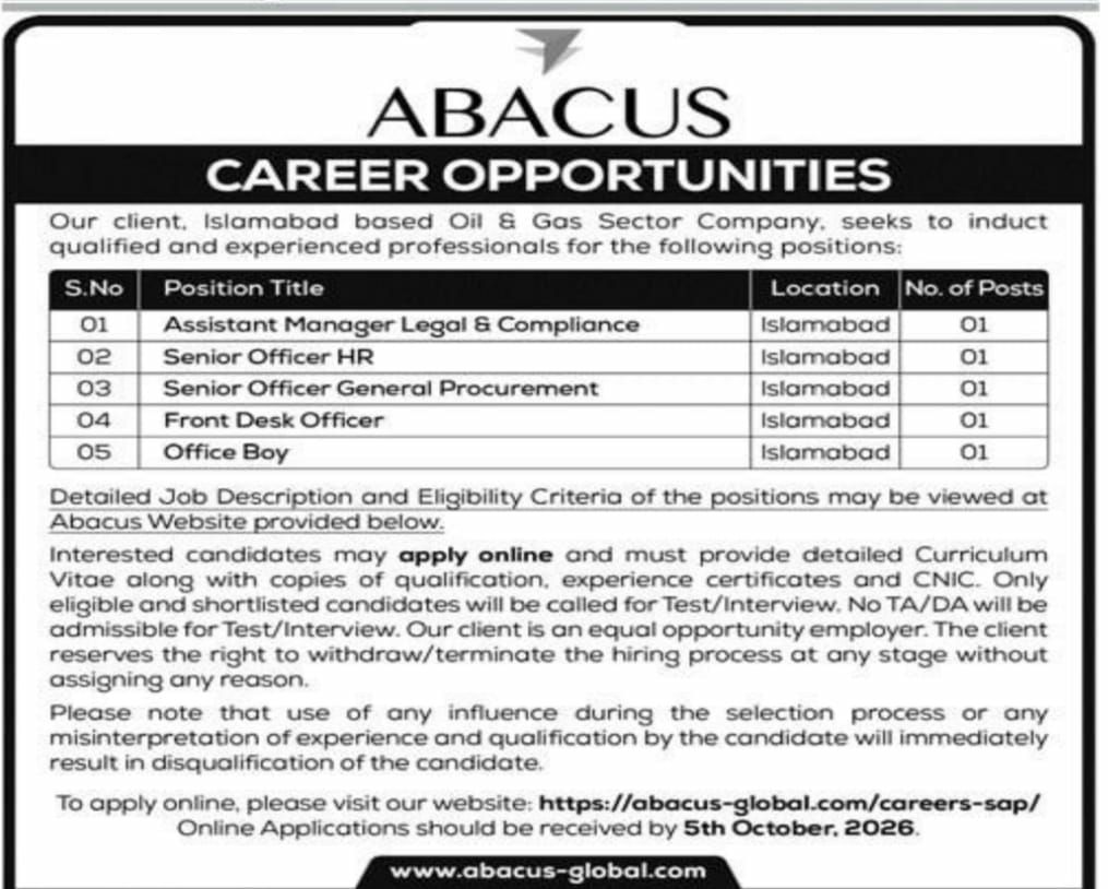 Abacus (on behalf of an Islamabad-based Oil & Gas Sector Company) Jobs 2026 Jobs 2026 — original newspaper advertisement