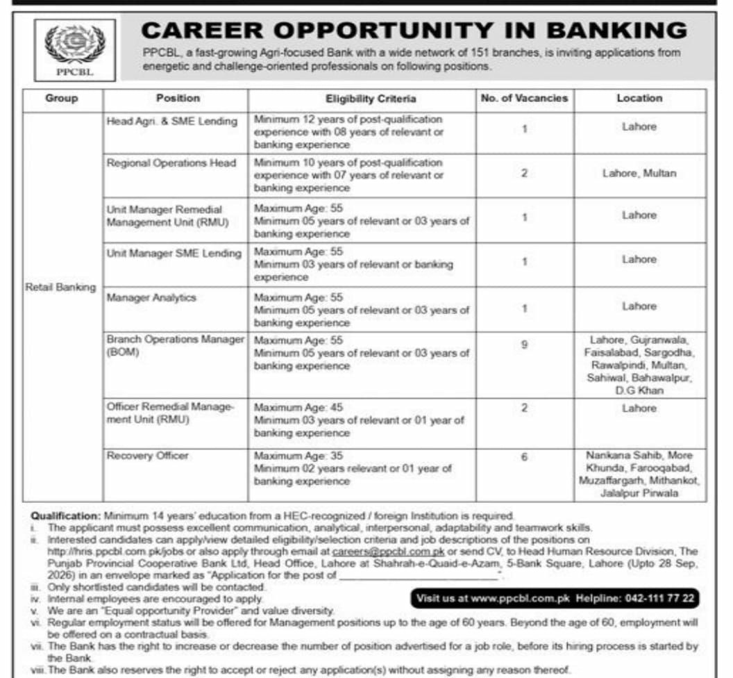 Punjab Provincial Cooperative Bank Ltd (PPCBL) Jobs 2026 Jobs 2026 — original newspaper advertisement