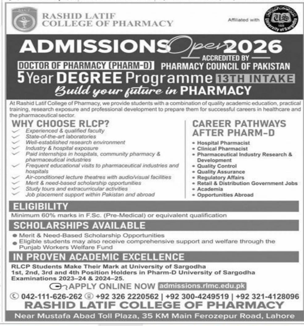 Admissions Open 2026 - Doctor of Pharmacy (Pharm-D) 5 Year Degree Programme, 13th Intake – Rashid Latif College of Pharmacy Admissions 2026 — original newspaper advertisement