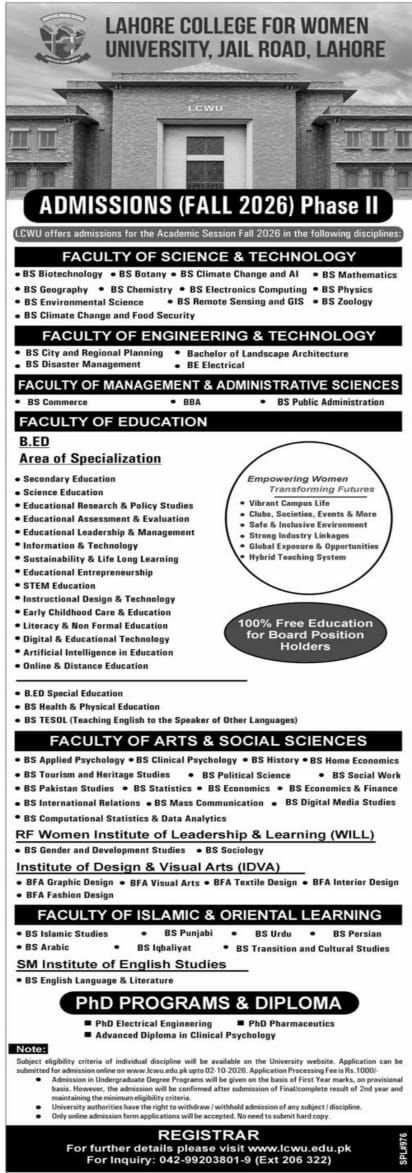 Admissions (Fall 2026) Phase II – Lahore College for Women University (LCWU), Jail Road, Lahore Admissions 2026 — original newspaper advertisement