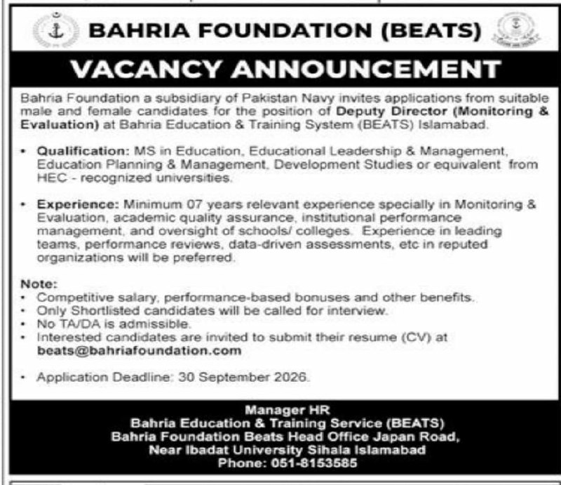 Bahria Foundation (Bahria Education & Training System - BEATS) Job 2026 Jobs 2026 — original newspaper advertisement