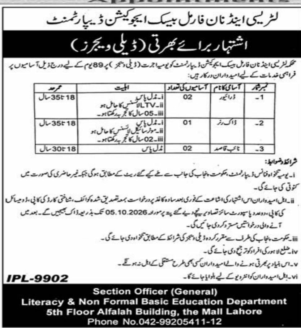 Literacy and Non-Formal Basic Education Department Jobs 2026 Jobs 2026 — original newspaper advertisement