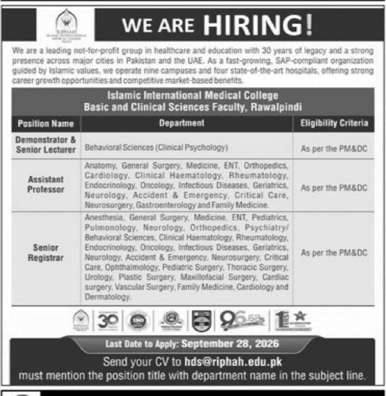 Islamic International Medical College (Riphah International University) Jobs 2026 Jobs 2026 — original newspaper advertisement