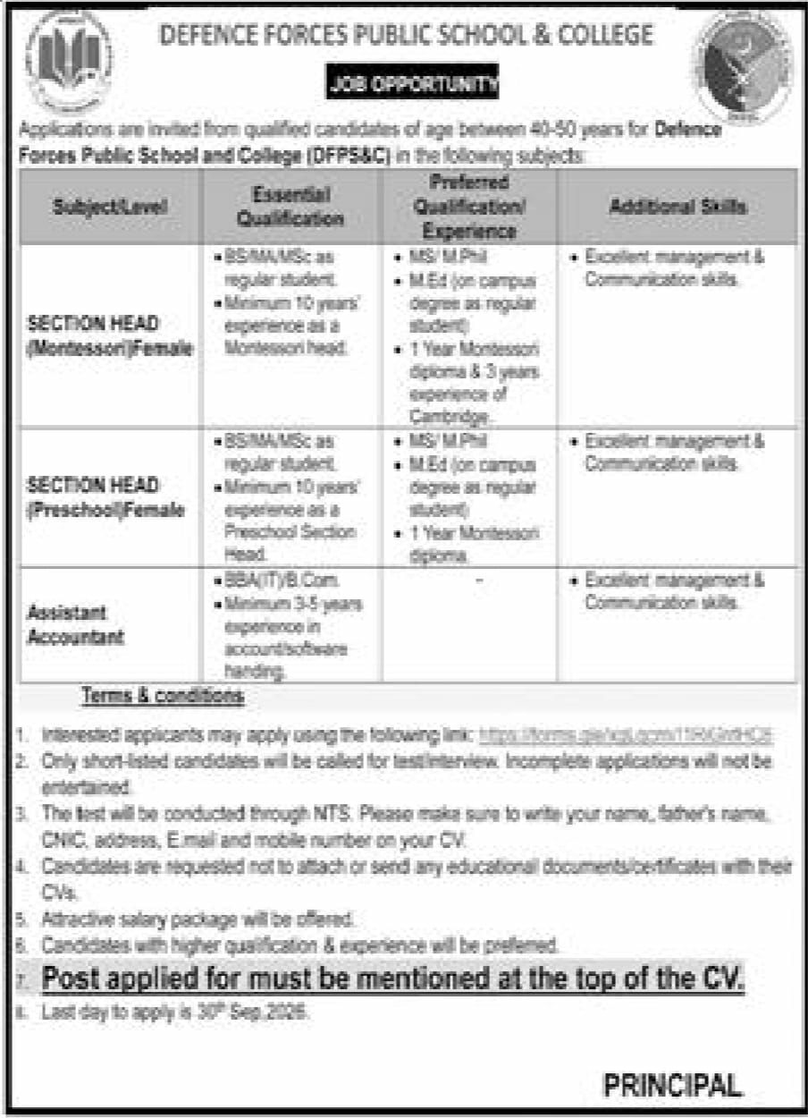 Defence Forces Public School & College (DFPS&C) Jobs 2026 Jobs 2026 — original newspaper advertisement