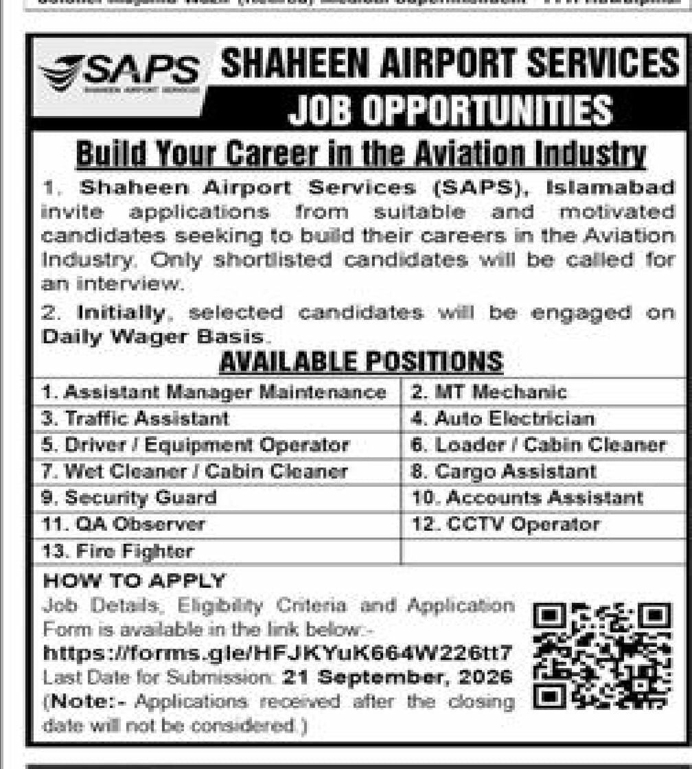 Shaheen Airport Services (SAPS) Jobs 2026 Jobs 2026 — original newspaper advertisement