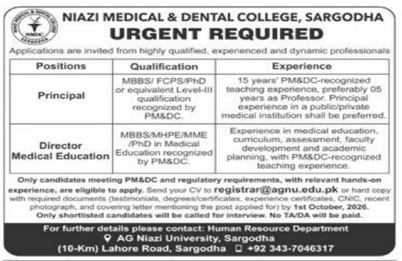 Niazi Medical & Dental College, Sargodha Jobs 2026 Jobs 2026 — original newspaper advertisement