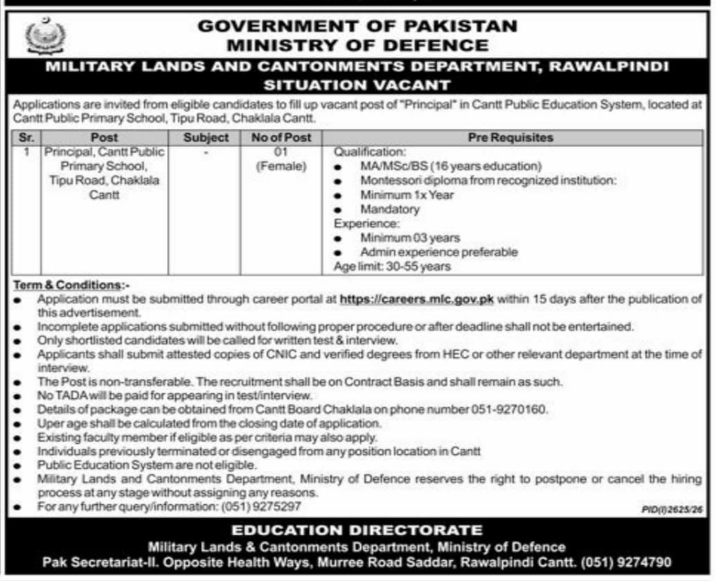 Military Lands and Cantonments Department, Ministry of Defence Jobs 2026 – Military Lands and Cantonments Department, Ministry of Defence, Government of Pakistan Jobs 2026 — original newspaper advertisement