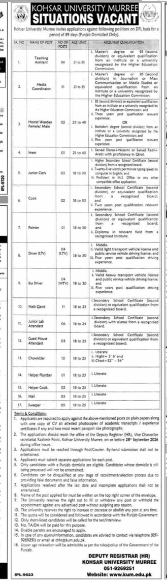 Kohsar University Murree Jobs 2026 Jobs 2026 — original newspaper advertisement