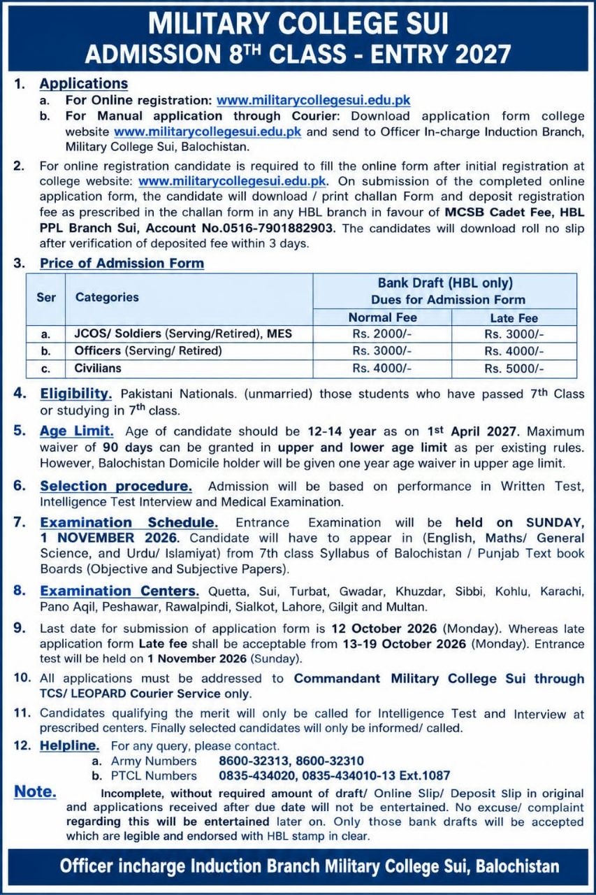 Military College Sui - Admission 8th Class - Entry 2027 – Military College Sui, Balochistan Admissions 2026 — original newspaper advertisement