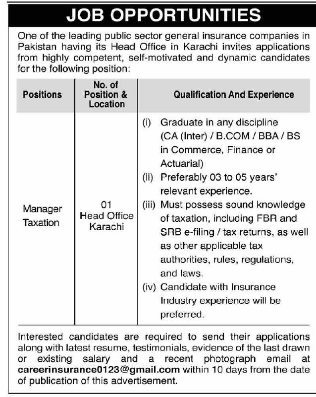 Leading Public Sector General Insurance Company (Head Office in Karachi) Jobs 2026 Jobs 2026 — original newspaper advertisement