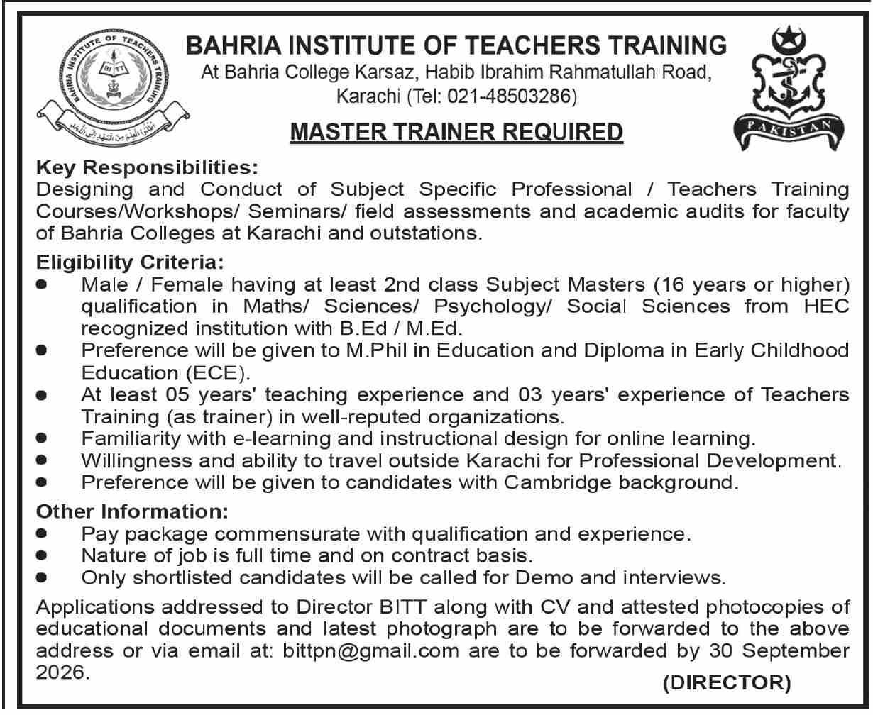 Bahria Institute of Teachers Training Jobs 2026 Jobs 2026 — original newspaper advertisement