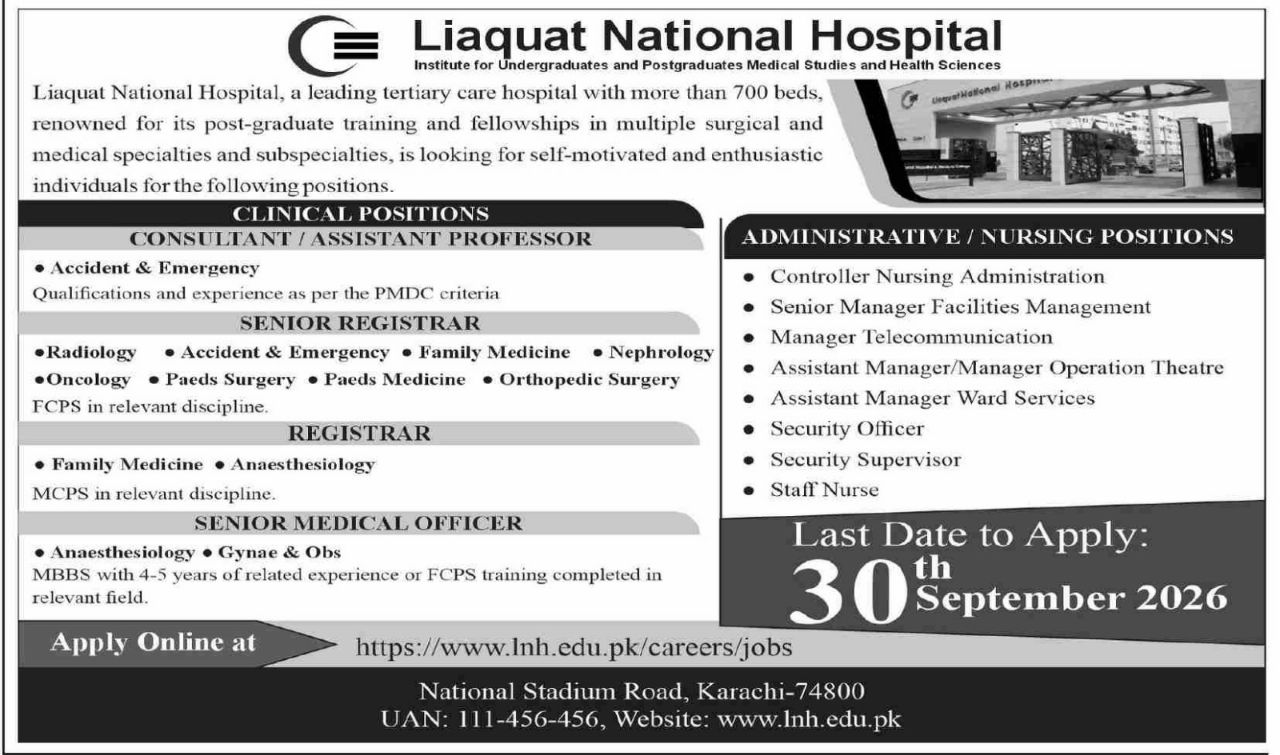 Liaquat National Hospital – Institute for Undergraduates and Postgraduates Medical Studies and Health Sciences Jobs 2026 Jobs 2026 — original newspaper advertisement