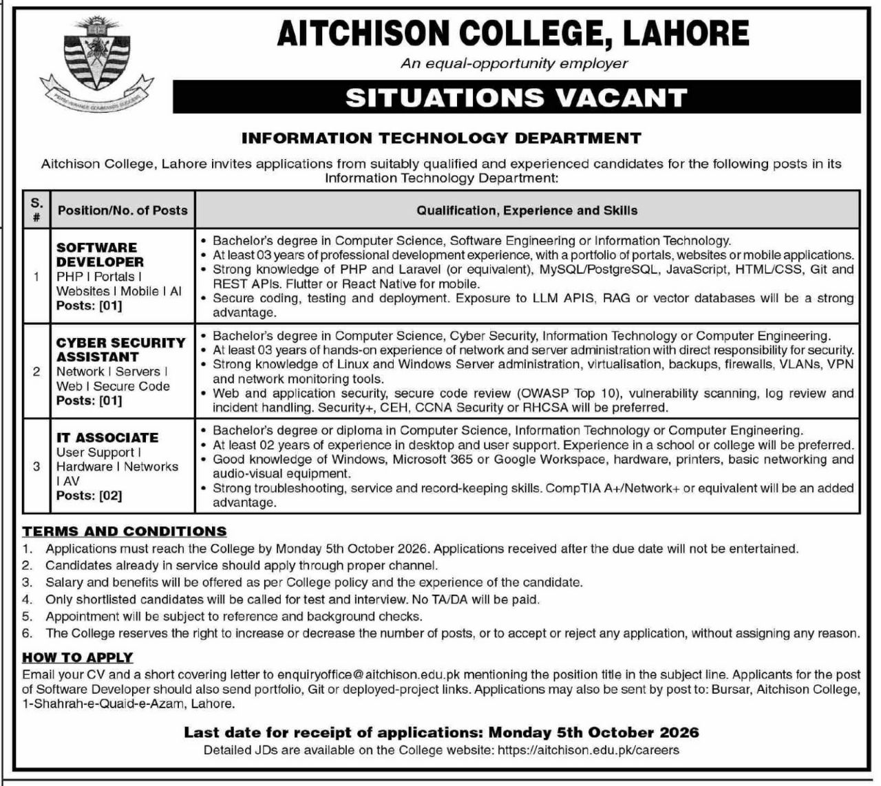 Aitchison College, Lahore Jobs 2026 Jobs 2026 — original newspaper advertisement