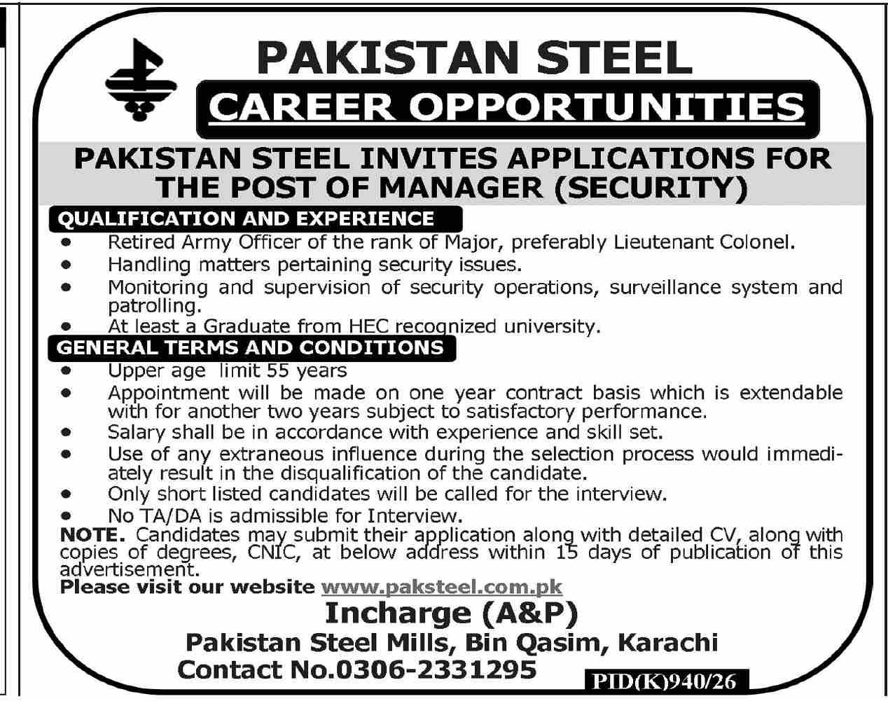 Pakistan Steel Mills Karachi Sindh Jobs 2026 Jobs 2026 — original newspaper advertisement