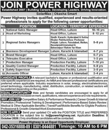Power Highway (SolarMax | Okasha Smart) Jobs 2026 Jobs 2026 — original newspaper advertisement