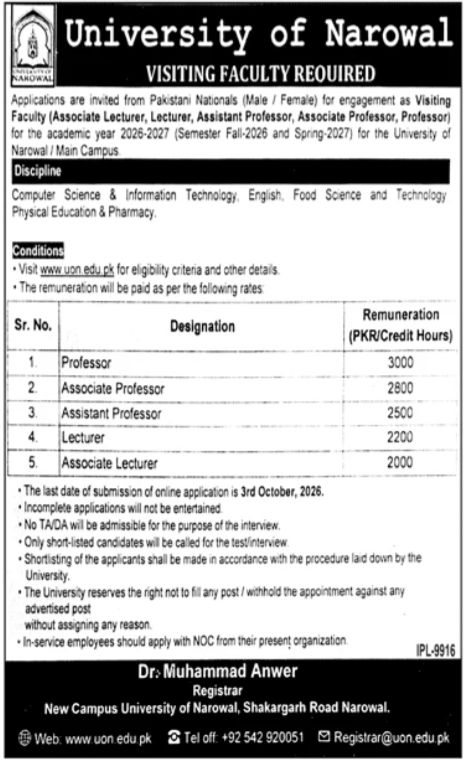 University of Narowal Punjab Jobs Jobs 2026 — original newspaper advertisement
